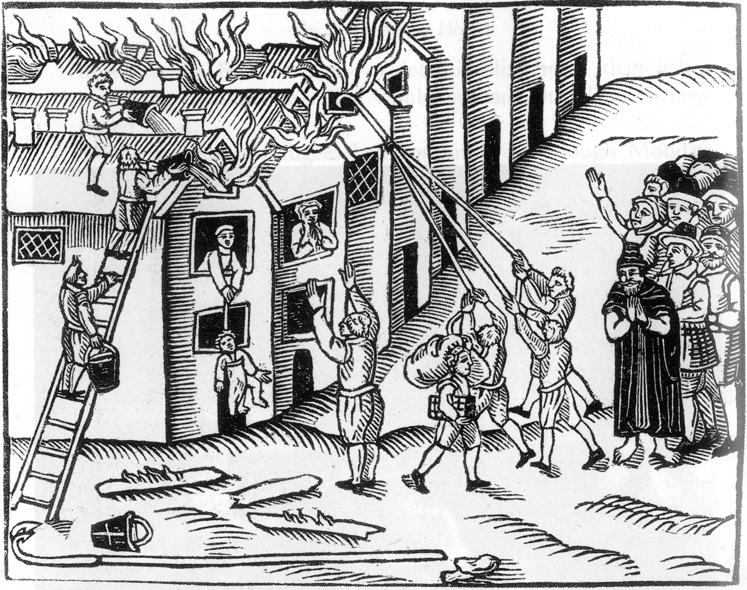 Town fire, 17th-century engraving