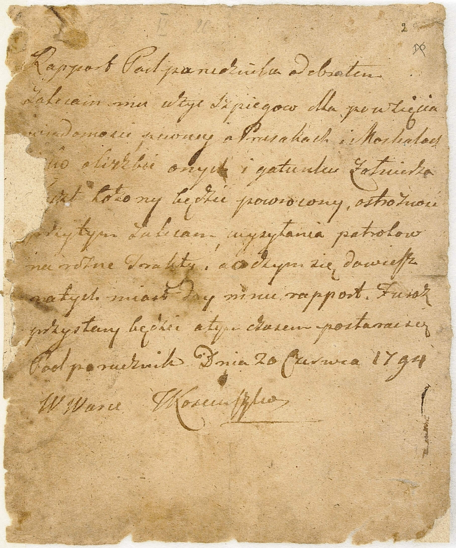 Rozkaz Tadeusza Kościuszki wydany w Warce, 20 VI 1794, wł. Biblioteka Narodowa