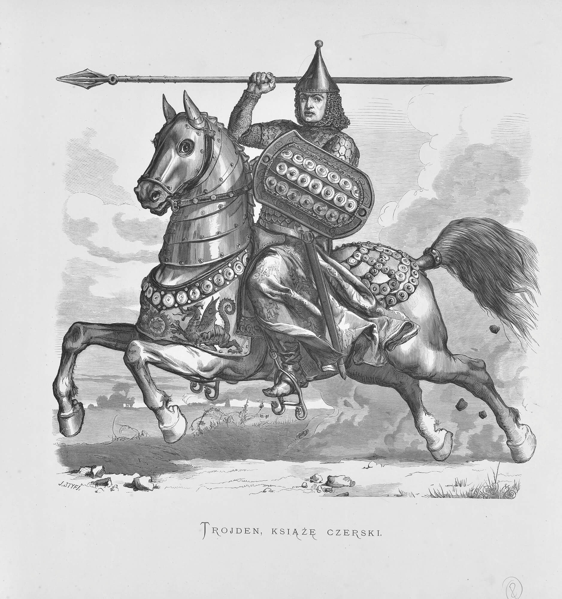Trojden I, Prince of Czersk, woodcut by J. Styfi according to Jan Matejko's drawing